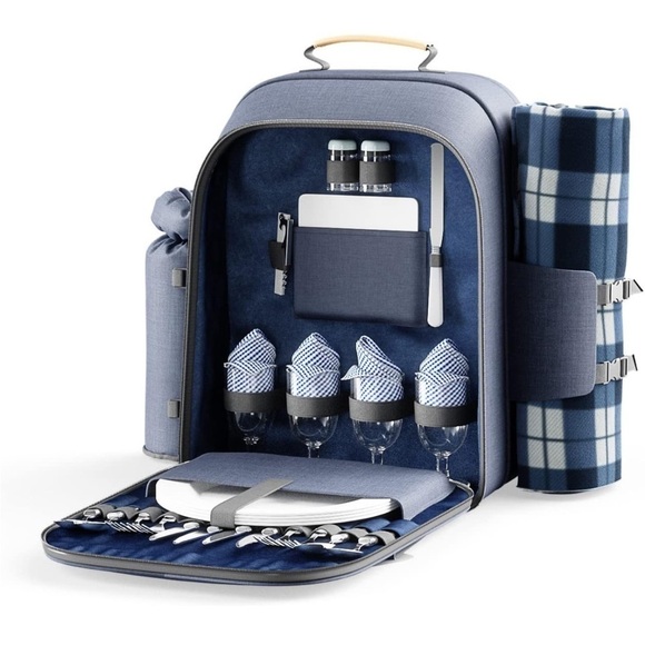 Brand New Picnic Backpack Set for 4 Insulated Large Cooler Waterproof Blanket - Picture 1 of 16